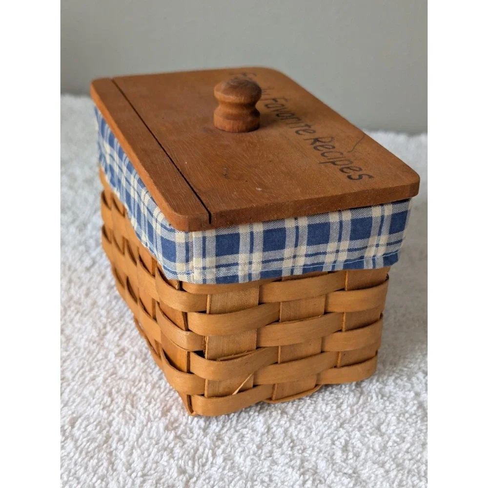 VTG Wooden Woven Favorite Recipe Basket Box Plaid Liner Cottage Core Farmhouse